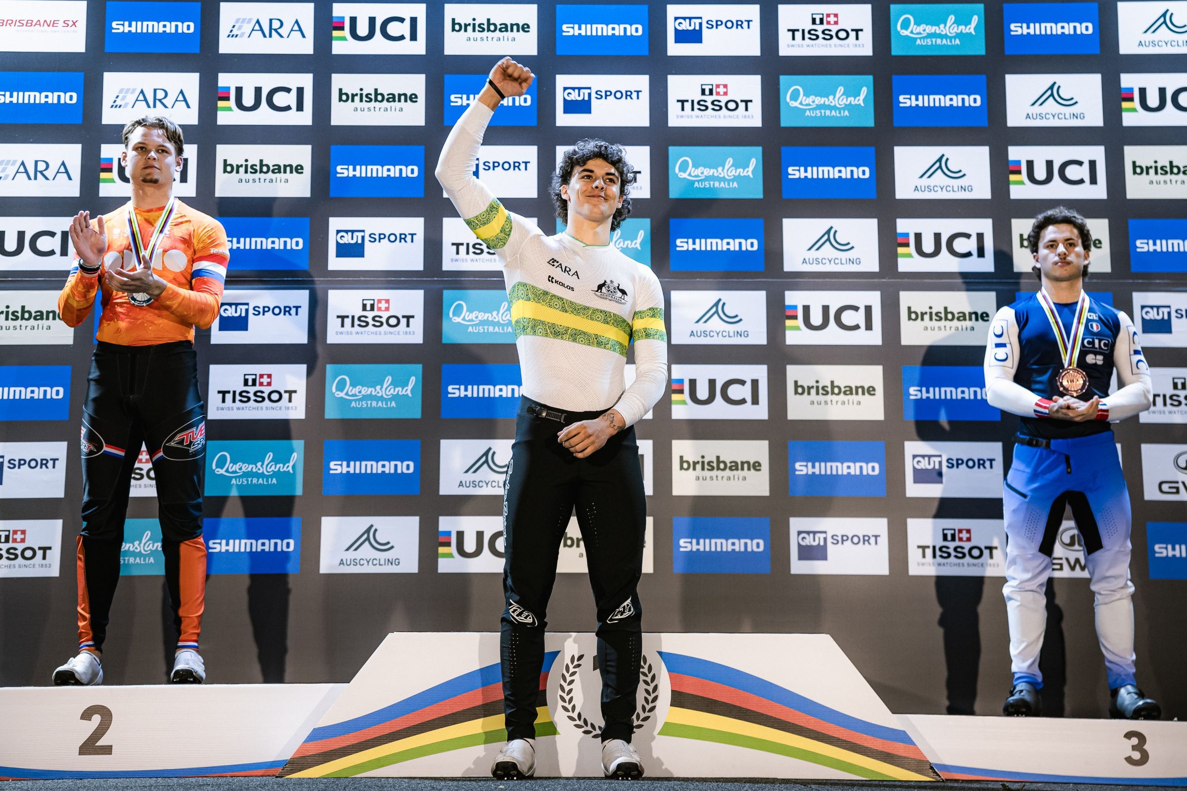 Joshua Josh Jolly on the podium of the 2026 UCI BMX Racing World Championships in Brisbane